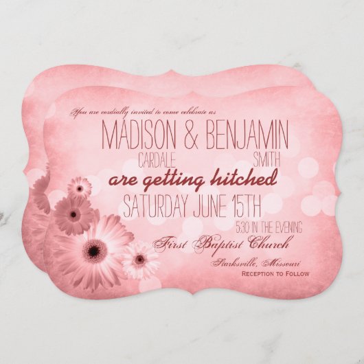 ヴィンテージピンクデイジータイポグラフィ結婚式招待状 招待状 (正面/裏面)