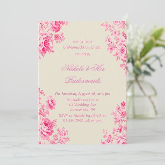 ヴィンテージピンクトイレフラワーブリデスメイドランチョン 招待状 (スタンド正面)