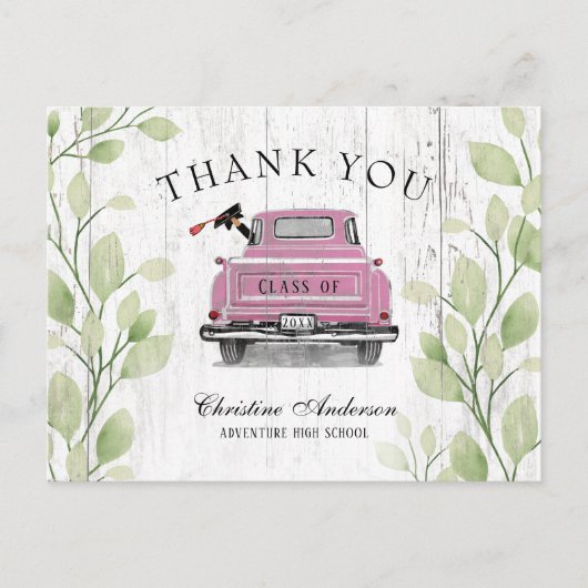 ヴィンテージピンクトラックのレトロな卒業感謝カード ポストカード (正面)