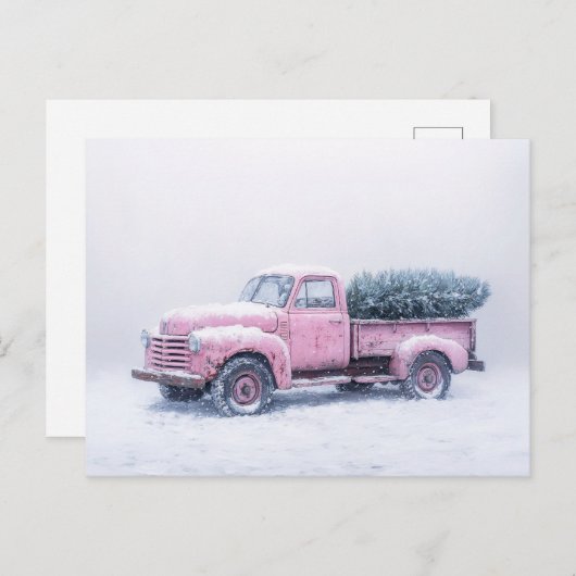 ヴィンテージピンクトラッククリスマスツリーブリザードアート ポストカード (正面/裏面)