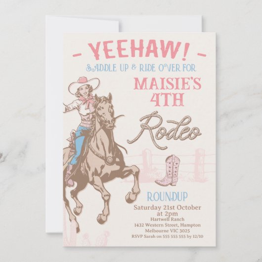 ヴィンテージピンクニーエイジ女性のカーボーイロデオ誕生日 招待状 (正面)