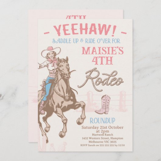 ヴィンテージピンクニーエイジ女性のカーボーイロデオ誕生日 招待状 (正面/裏面)