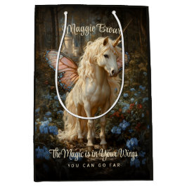 ヴィンテージピンクバタフライフェアリー馬のファンタジー林 ミディアムペーパーバッグ