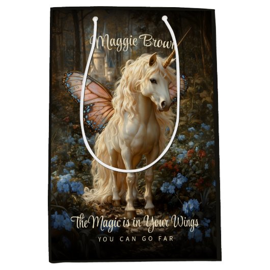 ヴィンテージピンクバタフライフェアリー馬のファンタジー林 ミディアムペーパーバッグ (正面)