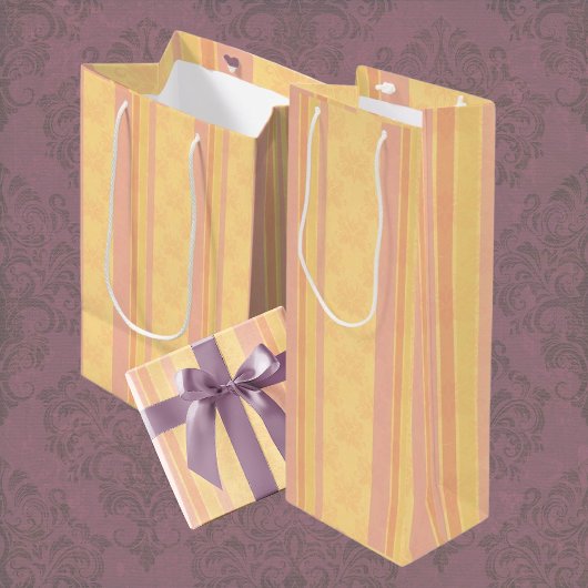 ヴィンテージピンクバター白アンティークダマスクストライプ ミディアムペーパーバッグ