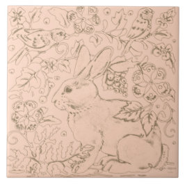 ヴィンテージピンクバニーウサギバードフローラスケッチ タイル