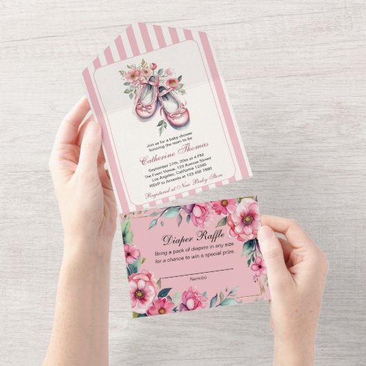 ヴィンテージピンクバレリーナシューズガールベビーシャワー オールインワン招待状 (貼ってはがせる)