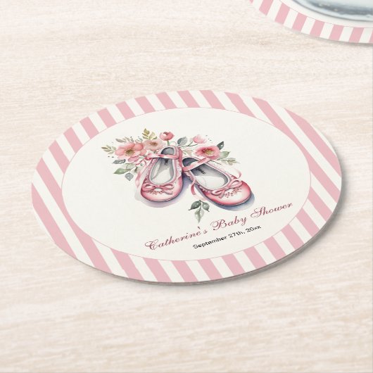 ヴィンテージピンクバレリーナシューズガールベビーシャワー ラウンドペーパーコースター (アングル)
