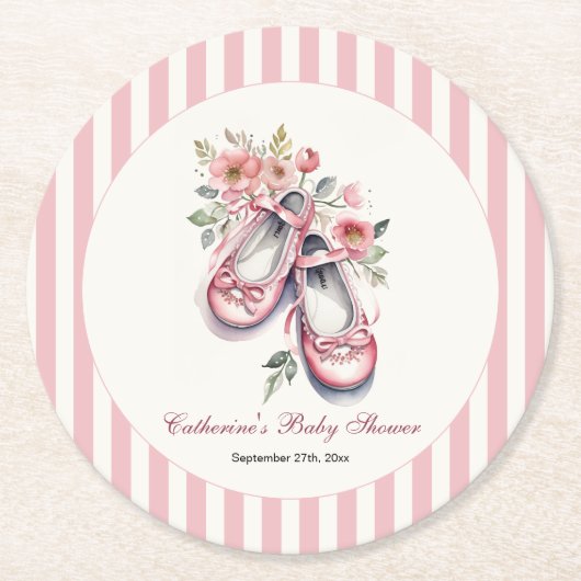 ヴィンテージピンクバレリーナシューズガールベビーシャワー ラウンドペーパーコースター (正面)