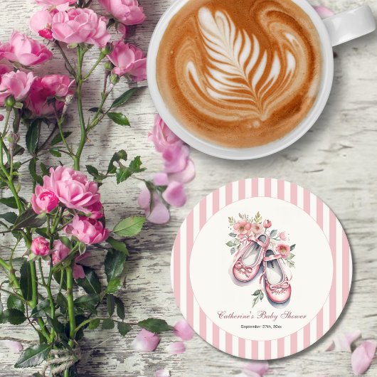 ヴィンテージピンクバレリーナシューズガールベビーシャワー ラウンドペーパーコースター