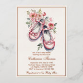 ヴィンテージピンクバレリーナシューズガールベビーシャワー 箔招待状 (正面)