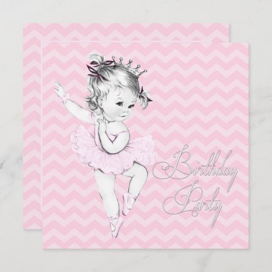 ヴィンテージピンクバレリーナバースデーパーティ招待状 招待状 (正面/裏面)
