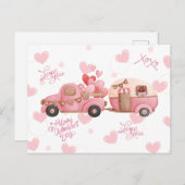 ヴィンテージピンクバレンタインデートラックとハート ポストカード (正面/裏面)