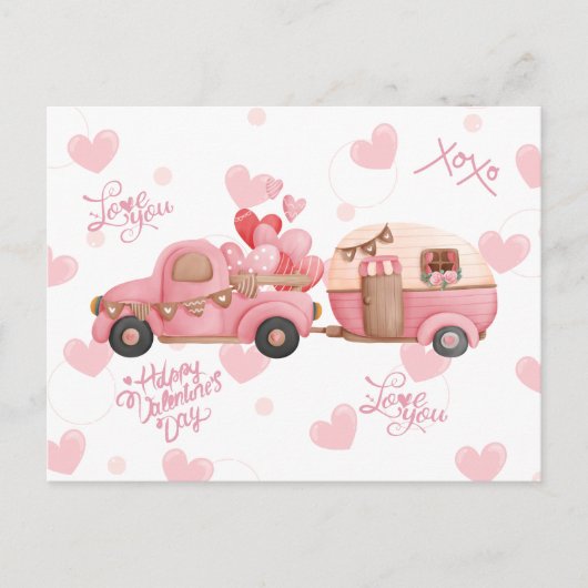 ヴィンテージピンクバレンタインデートラックとハート ポストカード (正面)