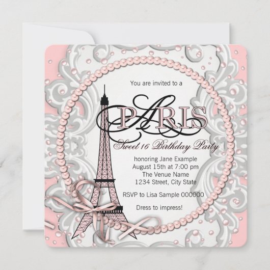ヴィンテージピンクパリスウィート16バースデーパーティー 招待状 (正面)