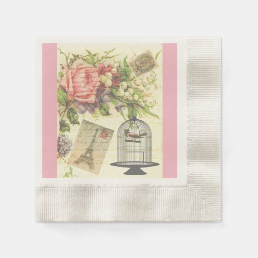 ヴィンテージピンクパリフランスのテーマ紙ナプキンス 縁ありカクテルナプキン (正面)