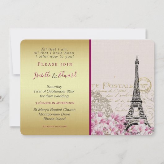 ヴィンテージピンクパーズエッフェルタワー金ゴールド&ブルゴーニュ 招待状 (正面)