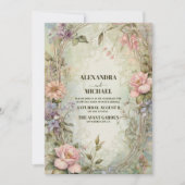 ヴィンテージピンクパープルフローラアールヌーボー結婚ズ 招待状 (正面)