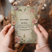 ヴィンテージピンクパープルフローラアールヌーボー結婚ズ 招待状