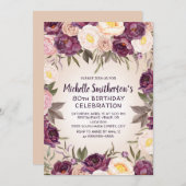 ヴィンテージピンクパープルフローラ80誕生日 招待状 (正面/裏面)