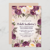 ヴィンテージピンクパープルフローラ90誕生日 招待状 (正面/裏面)