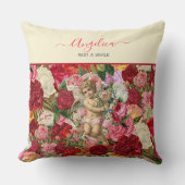ヴィンテージピンクビクトリアンクケルブバラシャビーシック クッション (正面)