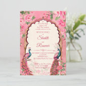 ヴィンテージピンクピーコックス結婚インディアン 招待状 (スタンド正面)