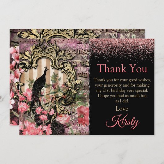 ヴィンテージピンクピーコック誕生日ありがとう サンキューカード (正面/裏面)