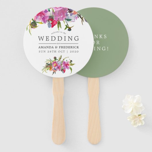 ヴィンテージピンクピーニーズウォーターカラー結婚式の引き出物 ハンドファン (正面&裏面)