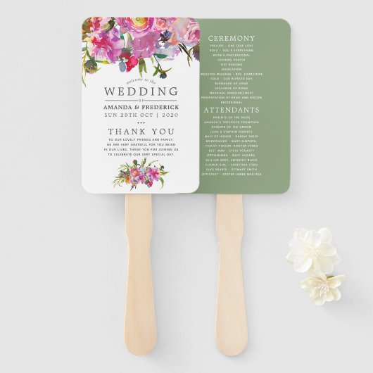 ヴィンテージピンクピーニーズウォーターカラー結婚式 プログラム ハンドファン (正面&裏面)