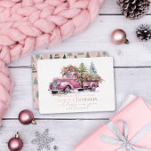 ヴィンテージピンクファームトラッククリスマスツリーホワイト 箔シーズンカード