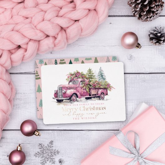ヴィンテージピンクファームトラッククリスマスツリーホワイト 箔シーズンカード