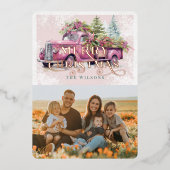 ヴィンテージピンクファームトラッククリスマスツリー写真 箔シーズンカード (正面)