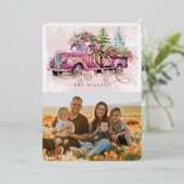 ヴィンテージピンクファームトラッククリスマスツリー写真 箔シーズンカード (立ち正面)