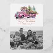 ヴィンテージピンクファームトラッククリスマスツリー写真 箔シーズンカード (正面)