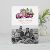 ヴィンテージピンクファームトラッククリスマスツリー写真 箔シーズンカード (立ち正面)