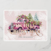 ヴィンテージピンクファームトラッククリスマスツリー 箔シーズンカード (正面)