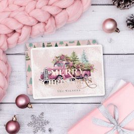 ヴィンテージピンクファームトラッククリスマスツリー 箔シーズンカード