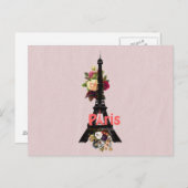 ヴィンテージピンクフラワーズフランスのパリエッフェルタワー ポストカード (正面/裏面)