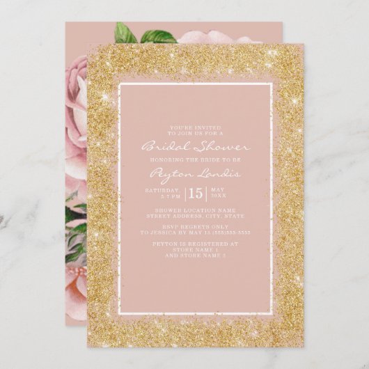 ヴィンテージピンクフラワーズ金ゴールドグリッターブライダルシャワー 招待状 (正面/裏面)