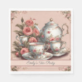 ヴィンテージピンクフラワーデザインガーデン誕生日ティーパーティー スタンダードランチョンナプキン (正面)