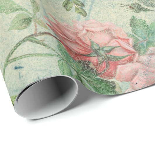 ヴィンテージピンクフローラとティール(緑がかった色)インク ラッピングペーパー (ロールコーナー)