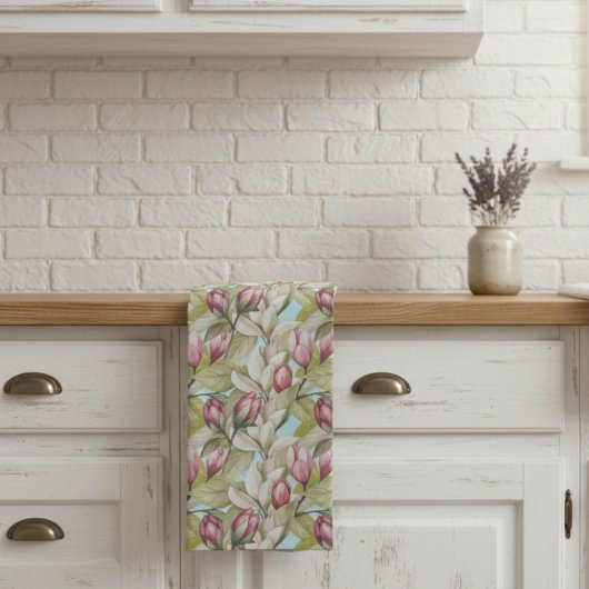 ヴィンテージピンクフローラと葉パターン キッチンタオル