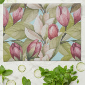 ヴィンテージピンクフローラと葉パターン キッチンタオル (折り畳み)