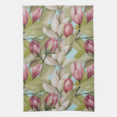 ヴィンテージピンクフローラと葉パターン キッチンタオル (縦)