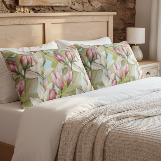 ヴィンテージピンクフローラと葉パターン 枕カバー