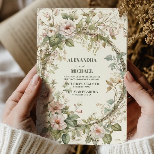 ヴィンテージピンクフローラアールヌーボー結婚ズ 招待状