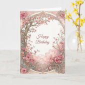 ヴィンテージピンクフローラアールヌーボー誕生日 カード (黄色い花)