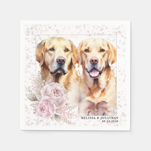 ヴィンテージピンクフローライエローラブラドールドッグ結婚ズ スタンダードカクテルナプキン (正面)