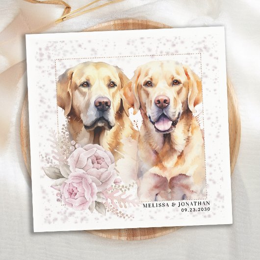 ヴィンテージピンクフローライエローラブラドールドッグ結婚ズ スタンダードカクテルナプキン